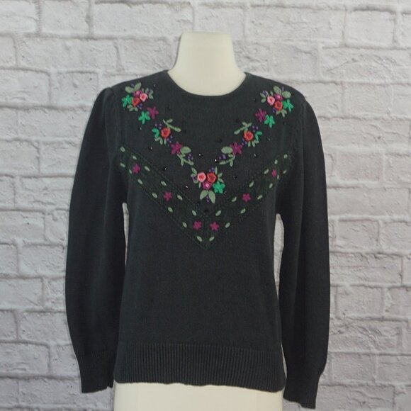 Vintage 80s Black Floral Crewel Knit Sweater Small - Picture 1 of 6